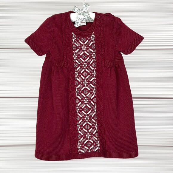 Hanna Andersson Short Sleeve Fair Isle Knit Sweater Burgundy Cotton Wool Dress 2 - Picture 1 of 12